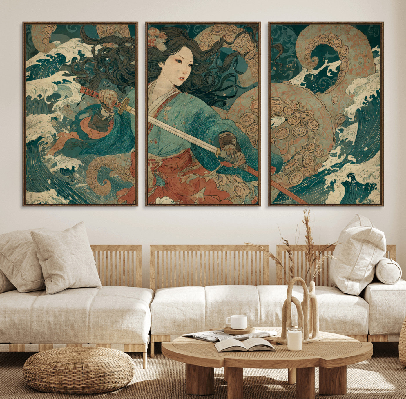 Tsukioka Yoshitoshi Samurai Wall Art Print, Japanese Katana Warrior Canvas Wall Art, Octopus Sea Monster Canvas Print,