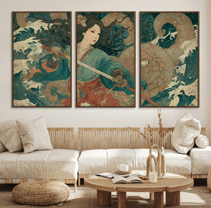 Tsukioka Yoshitoshi Samurai Wall Art Print, Japanese Katana Warrior Canvas Wall Art, Octopus Sea Monster Canvas Print,