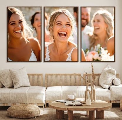 MGV-FC-60X30-3P - Joyful Wedding Wall Art – Laughing Bride and Bridesmaids Canvas Print, Romantic Celebration Photography Decor for Bedroom, Living Room, or Wedding Gift