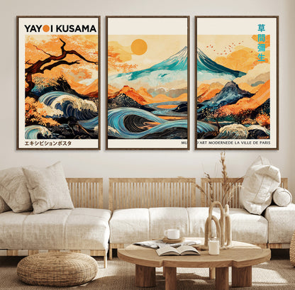 Modern Japanese-style art print featuring a stylized Mount Fuji, flowing waves, and vibrant landscapes in bold colors, inspired by traditional and contemporary aesthetics.