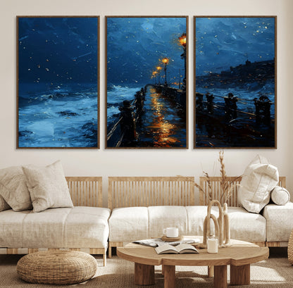 "Impressionistic painting of a rainy pier at night with glowing street lamps reflecting on the wet surface, ocean waves crashing under a dark blue sky."