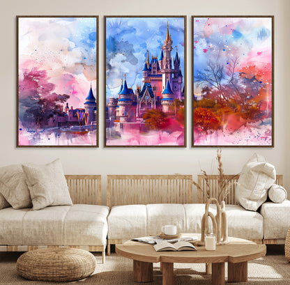 Watercolor canvas of a dreamy Disney-style castle in pastel pink and blue tones, perfect for fairytale or whimsical home decor.