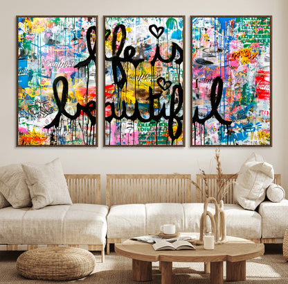 Colorful urban-style canvas with graffiti text “Life is Beautiful” in black paint, ideal for bold or street-themed home decor.