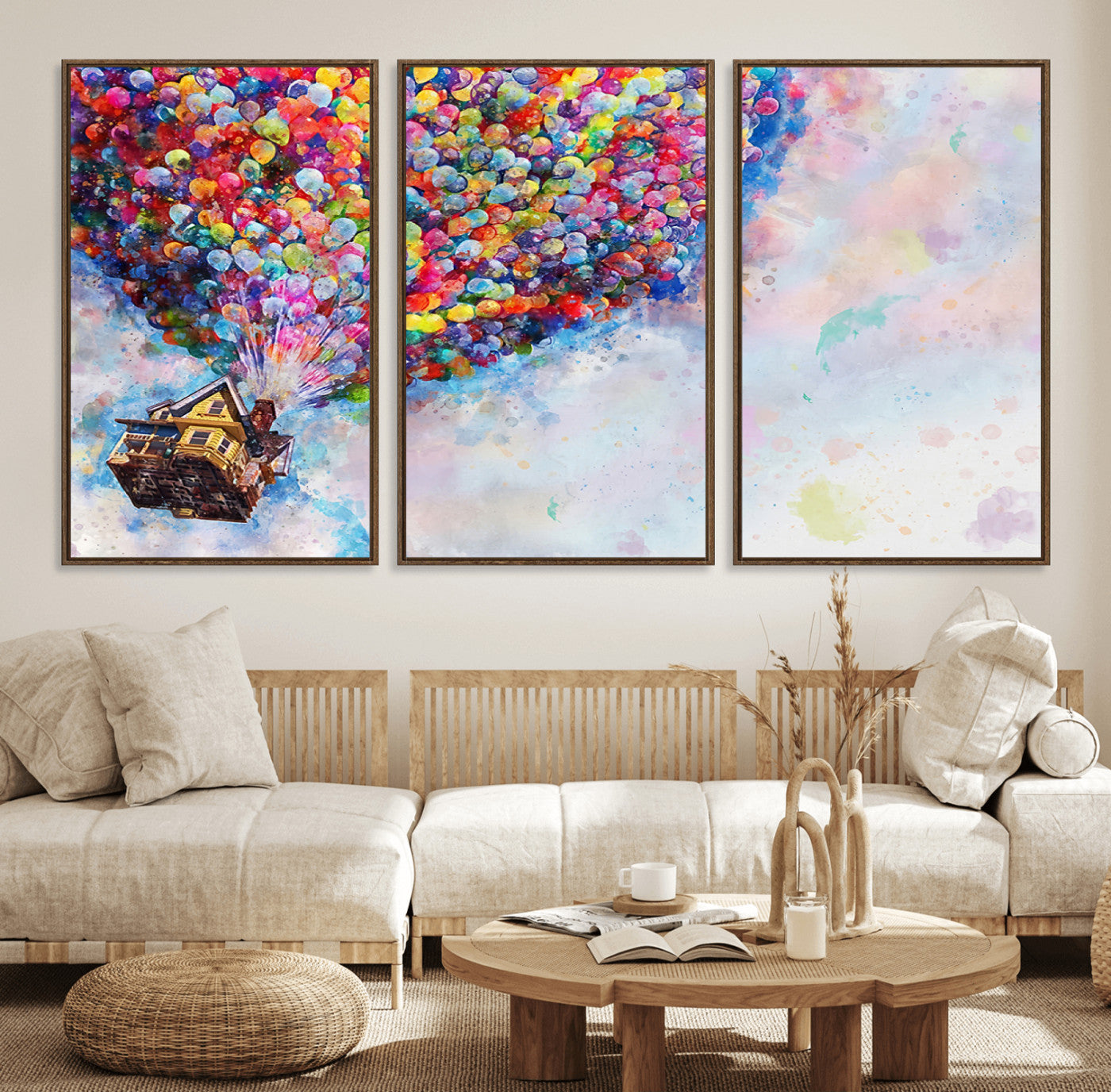 Whimsical canvas of the house from the movie Up flying with colorful balloons, ideal for Pixar or animation-themed decor.