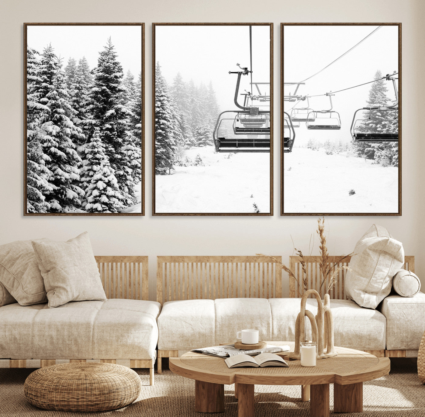 Black and white canvas of empty ski lifts over a snowy pine forest, perfect for minimal winter or ski lodge-inspired decor.