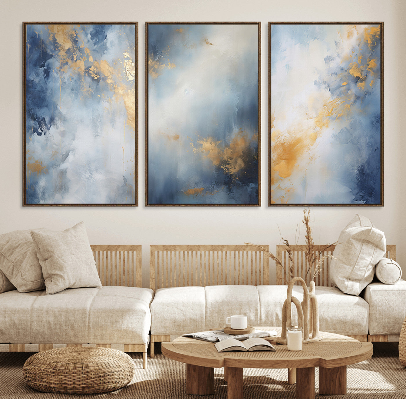 Abstract canvas art in soft blue and gold tones with textured brushstrokes, ideal for elegant or modern neutral decor spaces.