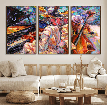 Vibrant oil painting of a jazz band with piano, saxophone, and bass, ideal for colorful and expressive music-themed home decor.