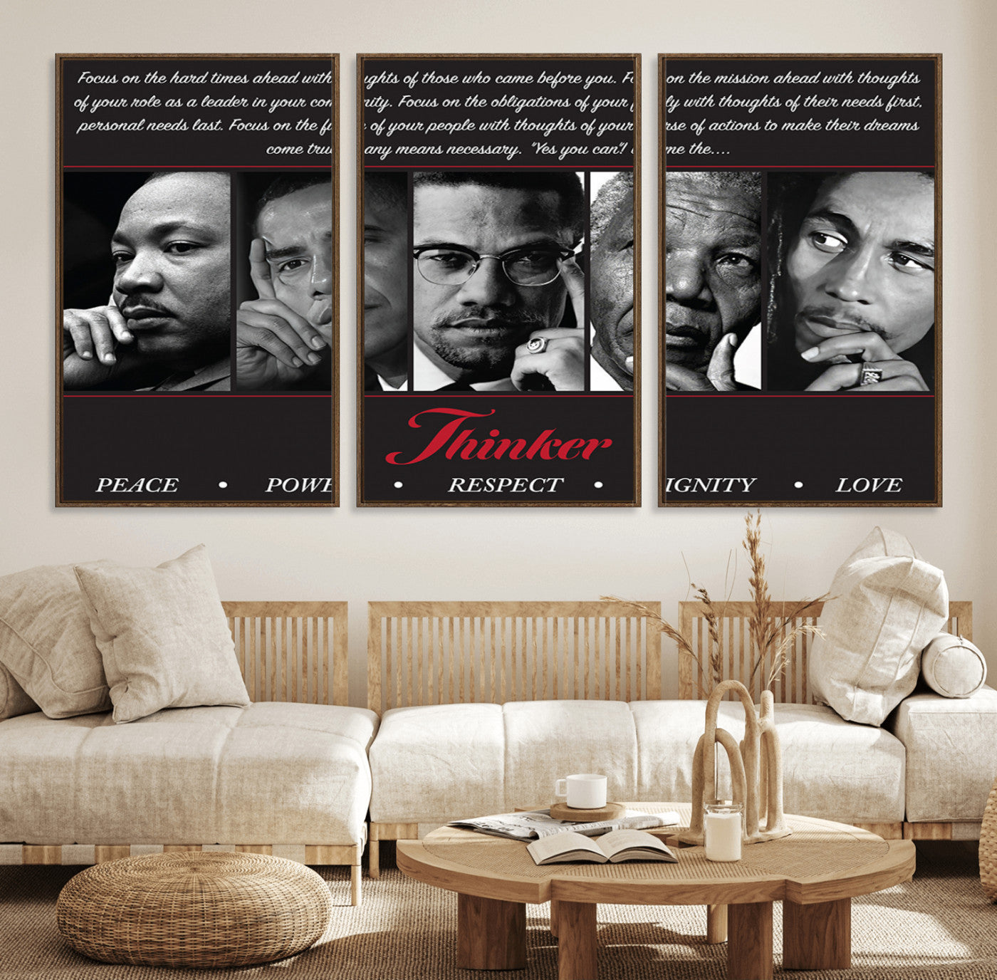 Monochrome canvas of iconic Black leaders with a powerful quote, perfect for modern spaces with a cultural or motivational theme.