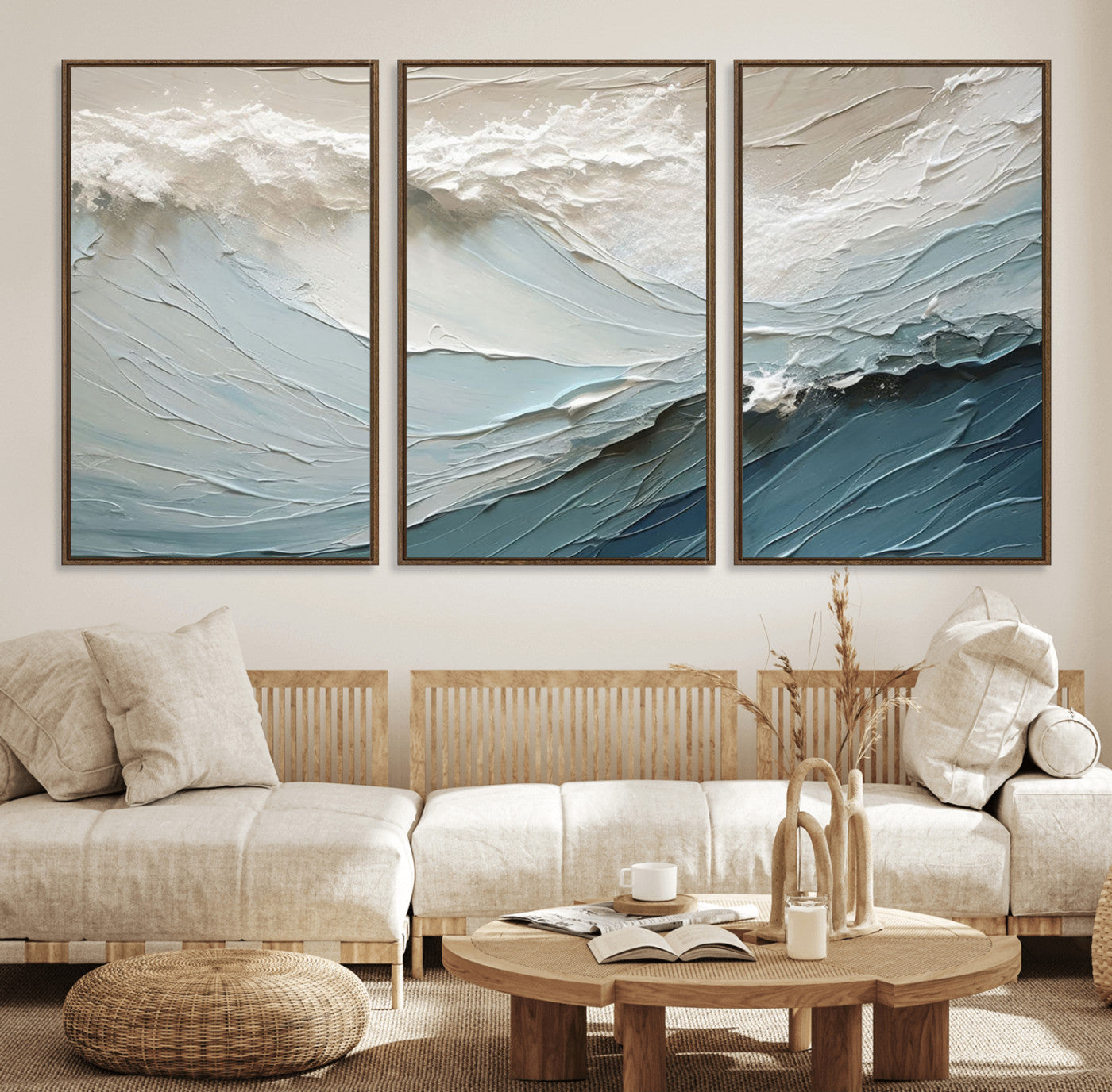 Textured canvas of ocean waves in soft coastal blues and creamy whites, ideal for modern or minimalist coastal-style interiors.