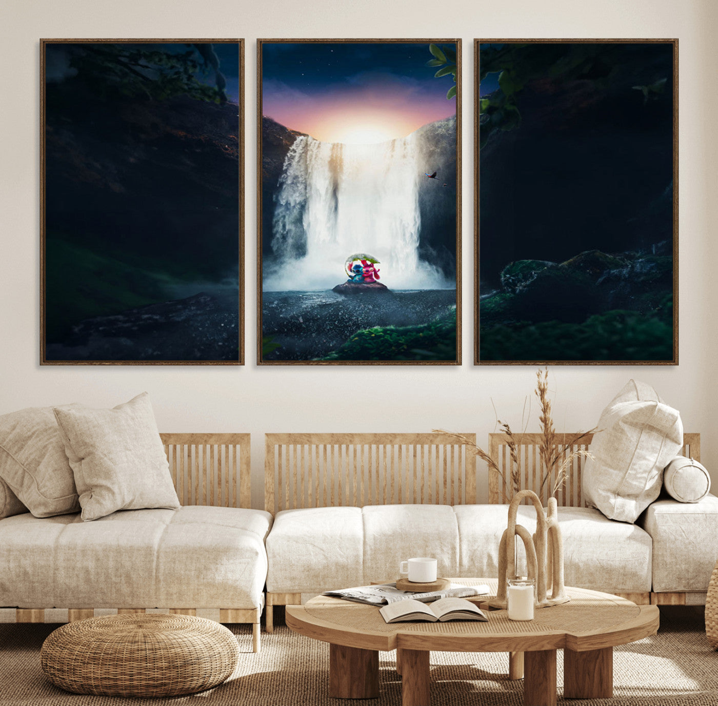 Romantic scene of Stitch and Angel sitting under a leaf in front of a glowing waterfall, ideal for tropical or fantasy-themed decor.