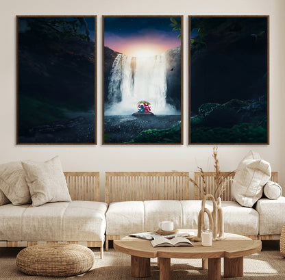 Romantic scene of Stitch and Angel sitting under a leaf in front of a glowing waterfall, ideal for tropical or fantasy-themed decor.