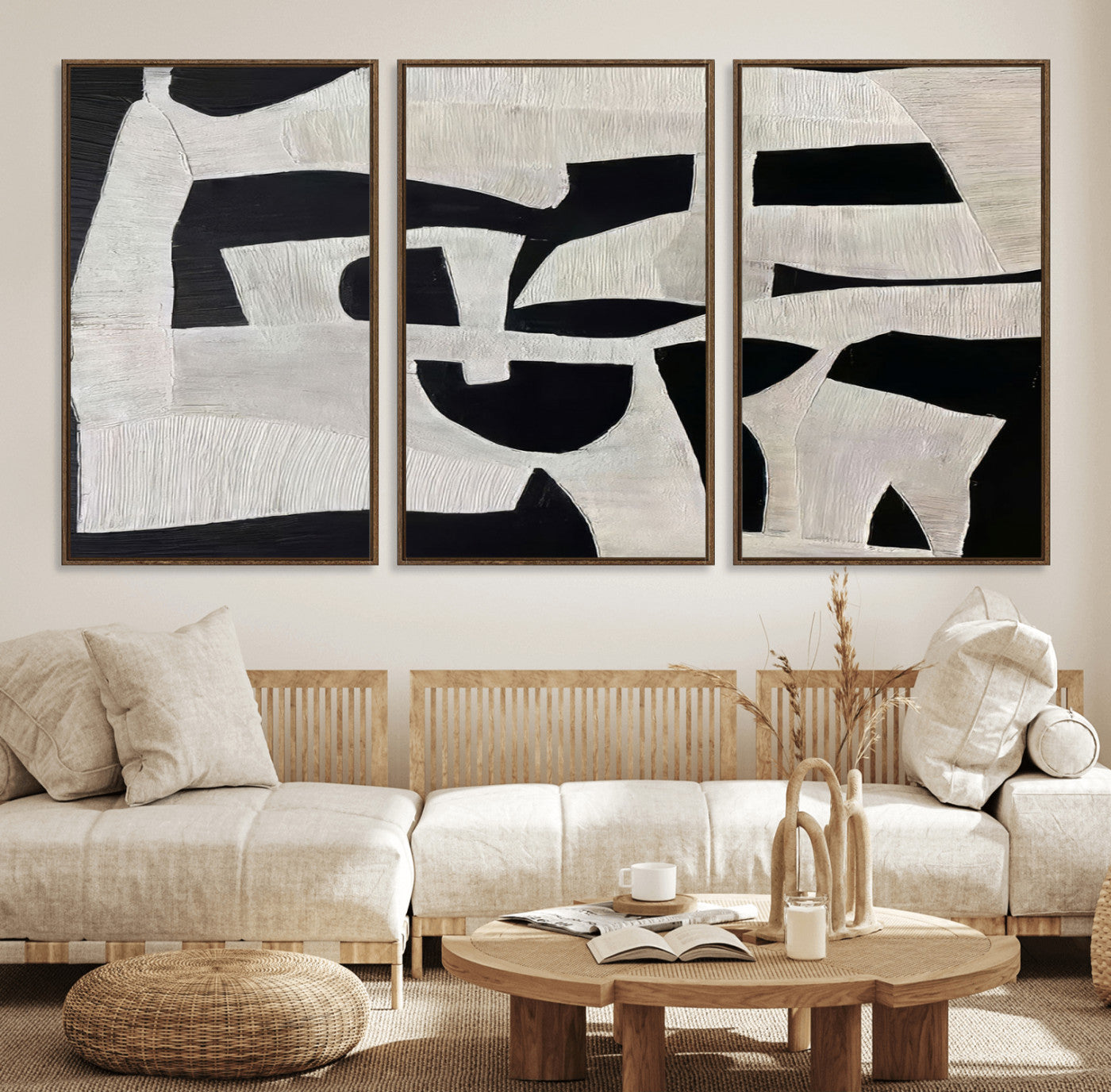 Minimalist black and white canvas featuring bold abstract textures and geometric shapes, ideal for modern neutral decor.