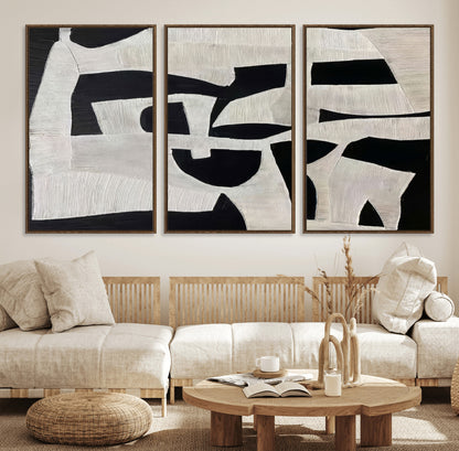 Minimalist black and white canvas featuring bold abstract textures and geometric shapes, ideal for modern neutral decor.
