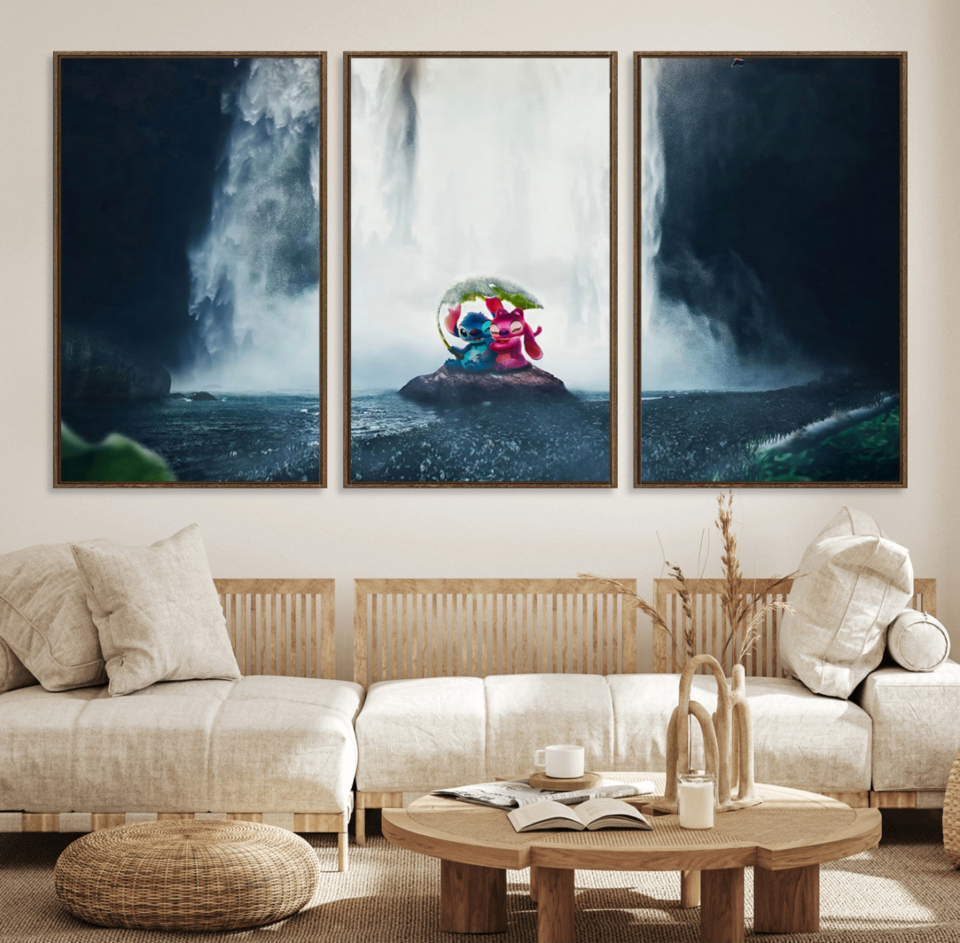 Fantasy canvas of Stitch and Angel under a leaf umbrella in front of a dramatic waterfall, perfect for moody jungle-themed or animated decor.