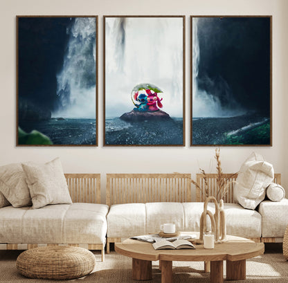 Fantasy canvas of Stitch and Angel under a leaf umbrella in front of a dramatic waterfall, perfect for moody jungle-themed or animated decor.