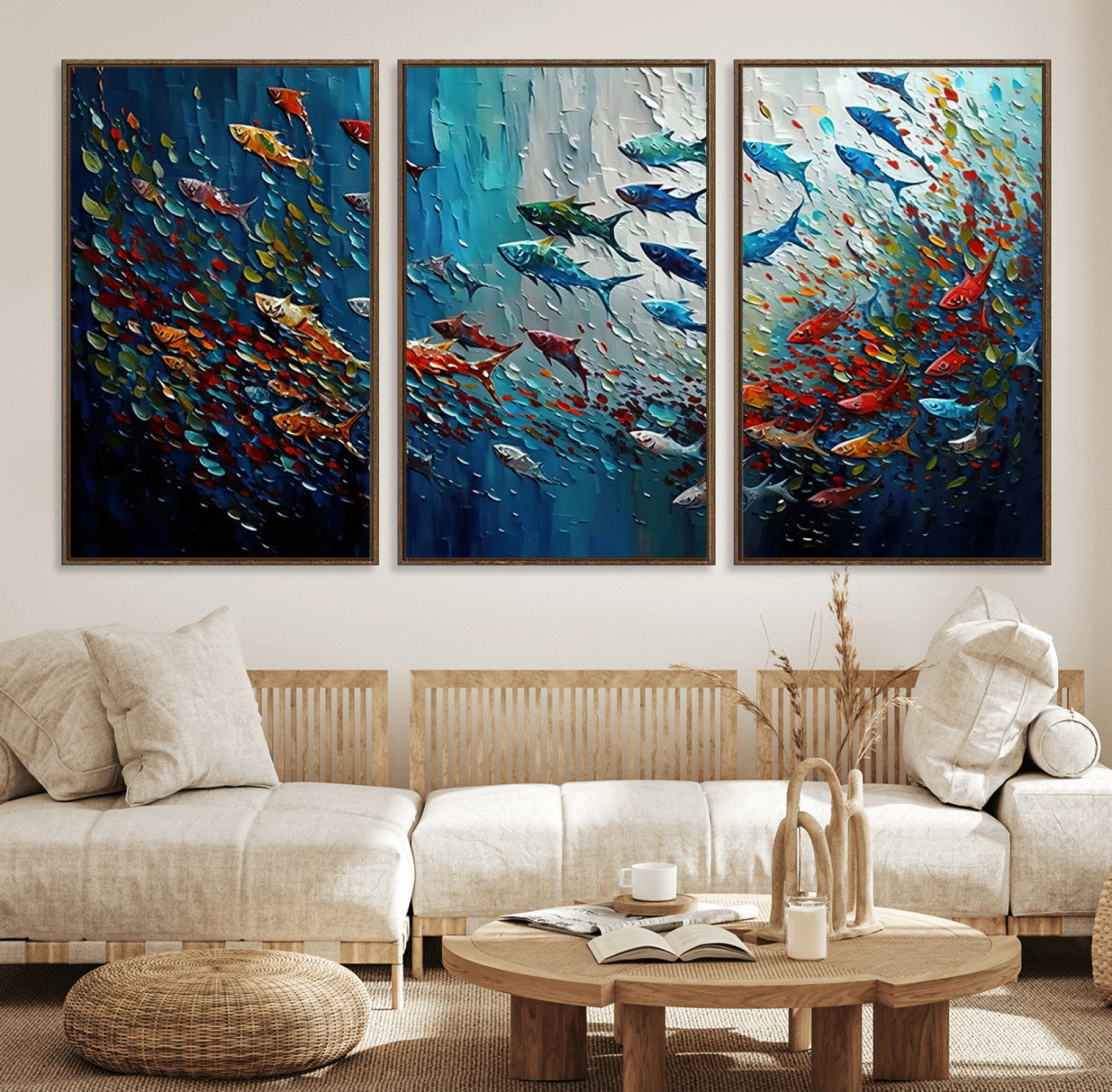 Colorful painting of fish swimming in abstract ocean swirls, perfect for vibrant marine-themed or expressive coastal home decor.