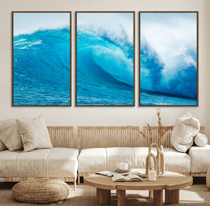 Vibrant canvas of a powerful curling ocean wave in tropical blue tones, perfect for coastal or surf-inspired decor settings.