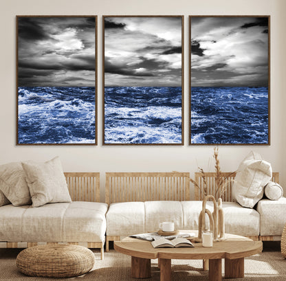 Moody canvas wall art of a stormy ocean under a dramatic black-and-white sky, perfect for bold or coastal-style interiors.