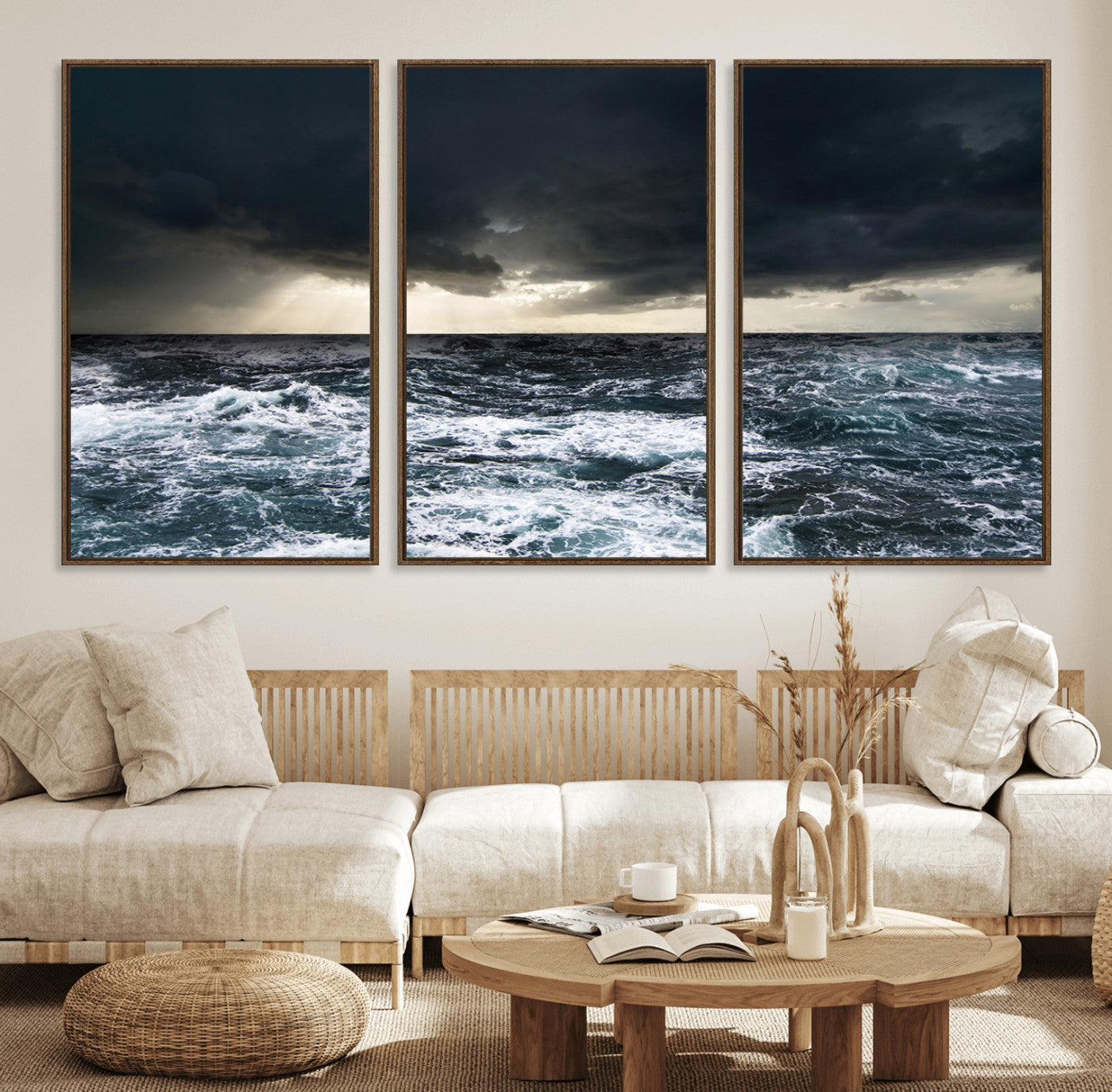 Moody ocean scene with stormy skies and crashing waves, perfect for dramatic or coastal-style home wall decor.