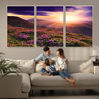 -Mountain Sunrise Wall Art – Vibrant Floral Landscape Canvas Print, Nature Home Decor for Living Room, Bedroom Office or Cabin