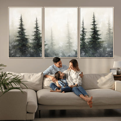 Soft and misty pine forest painting in neutral earthy tones, ideal for calm woodland or minimalist rustic home decor.