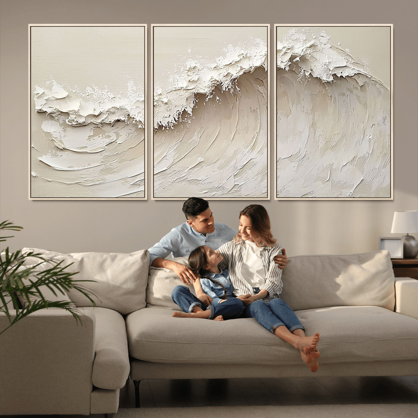 Textured canvas of an abstract white ocean wave in neutral tones, ideal for modern coastal or minimalist home decor.