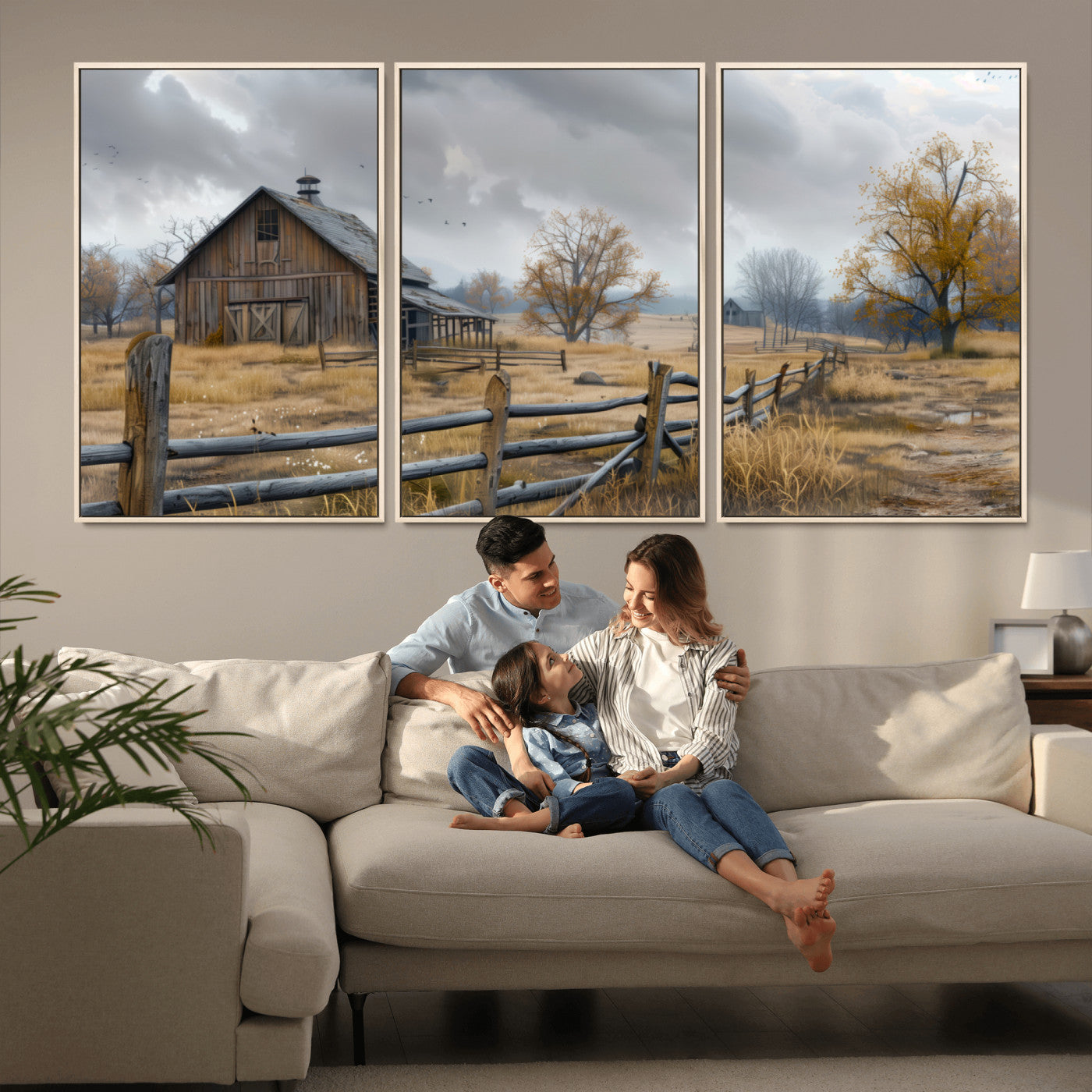 A tranquil rural scene featuring a rustic barn, overcast skies, and golden fields with scattered trees, evoking a sense of peaceful solitude in nature.