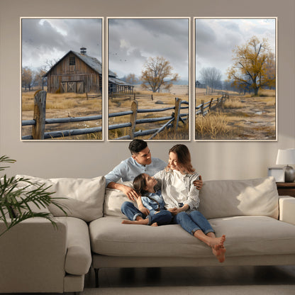 A tranquil rural scene featuring a rustic barn, overcast skies, and golden fields with scattered trees, evoking a sense of peaceful solitude in nature.