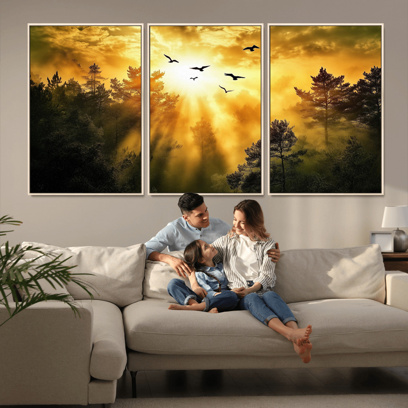 Canvas of a golden forest at sunset with birds flying through glowing sunbeams and silhouetted pine trees, ideal for warm-toned rustic decor.