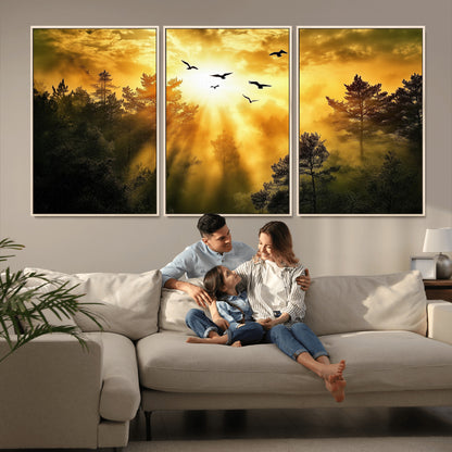 Canvas of a golden forest at sunset with birds flying through glowing sunbeams and silhouetted pine trees, ideal for warm-toned rustic decor.