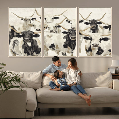 Canvas of a Texas Longhorn cattle herd in neutral black and white tones, ideal for rustic farmhouse or western-themed decor.