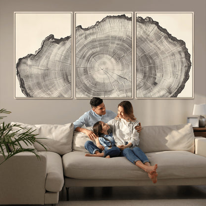 Detailed tree ring drawing in monochrome tones, ideal for rustic or nature-inspired interiors with a minimal decor aesthetic.