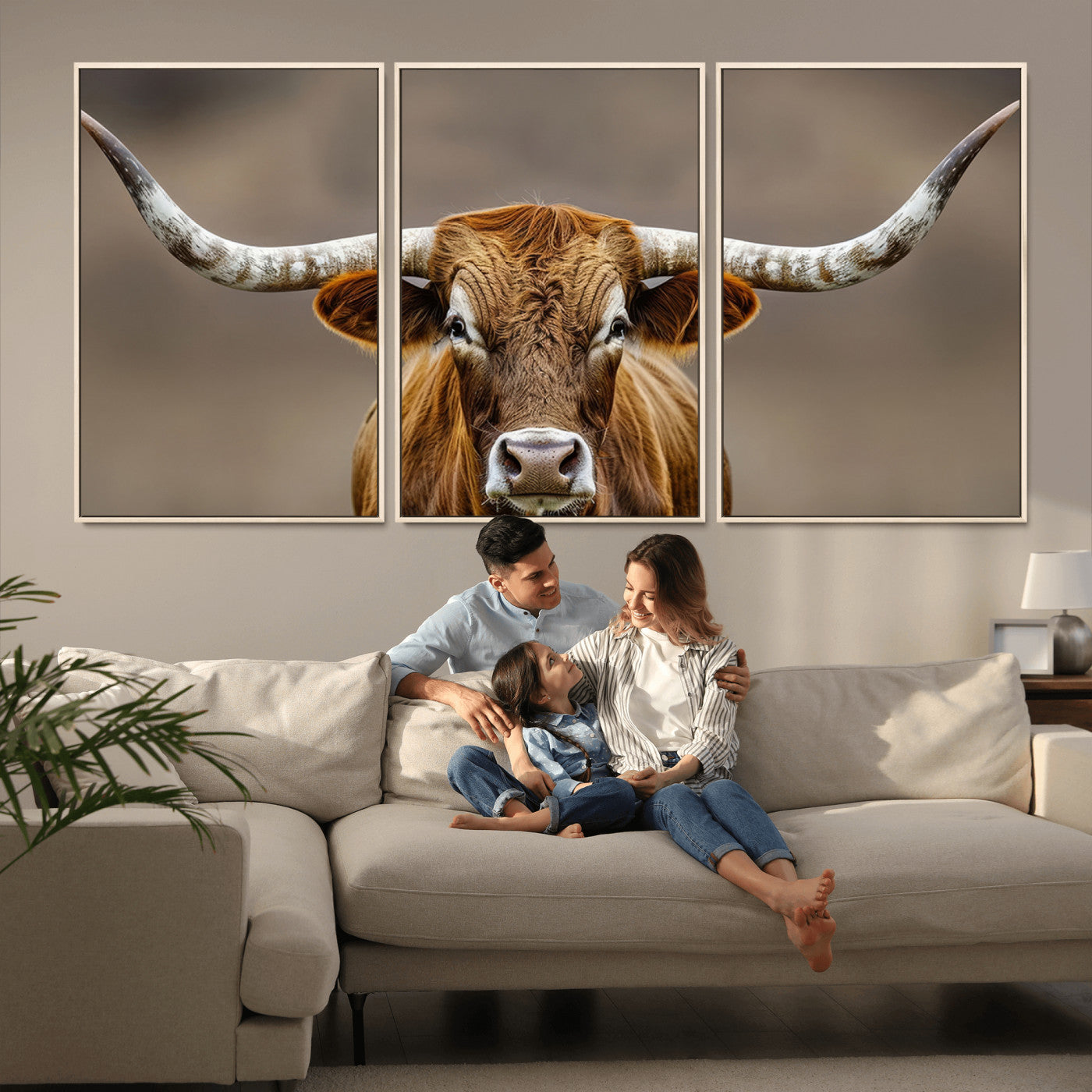 Close-up of a Texas Longhorn with strong curved horns and warm brown tones, perfect for rustic or western-style wall decor.