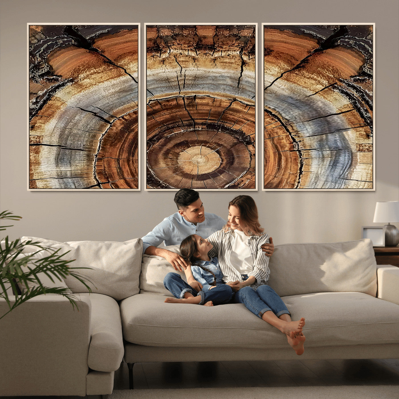 Canvas of tree rings and natural wood grain in earthy tones, ideal for rustic or vintage-inspired home decor with organic textures.