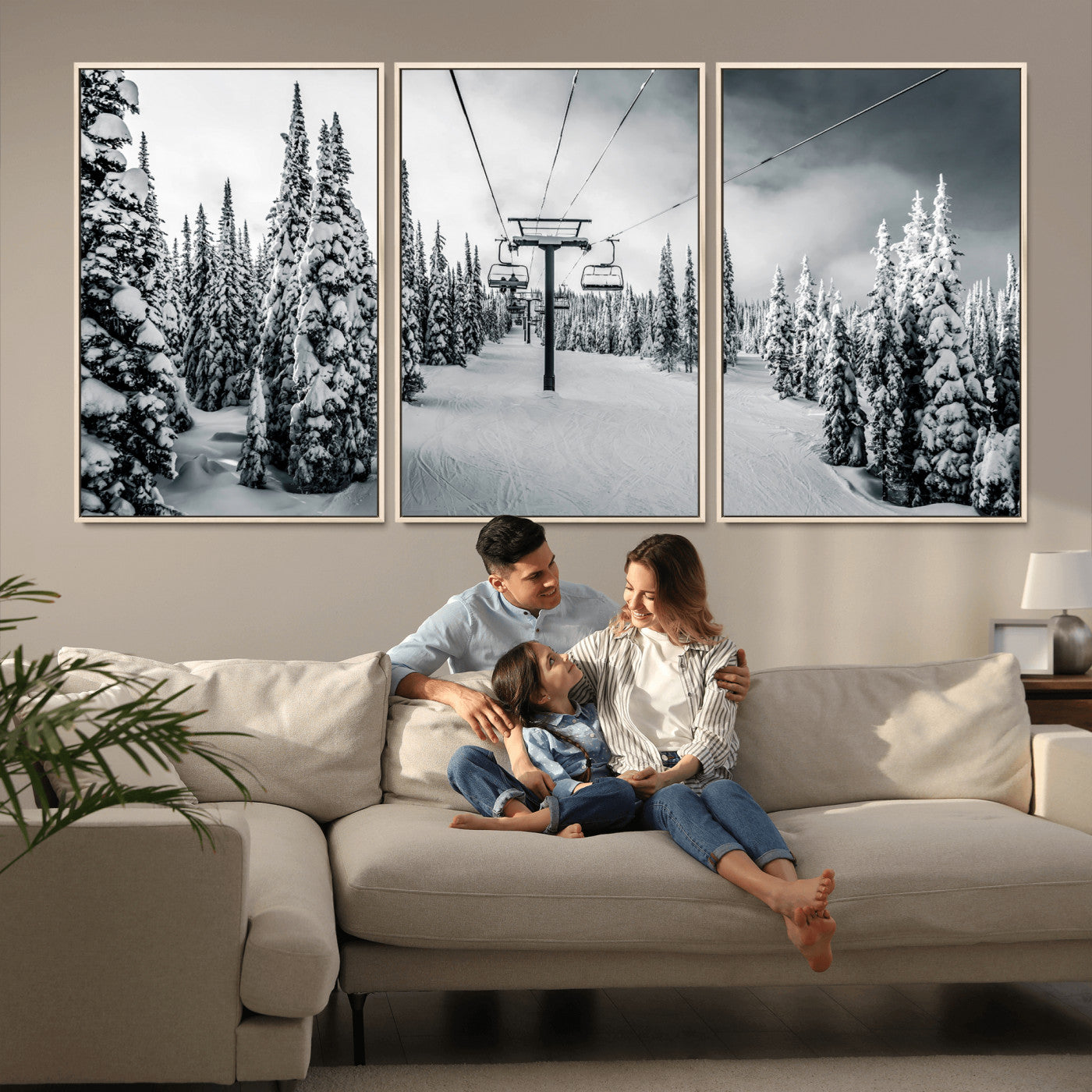 Canvas of a snowy ski lift scene through a forest of tall pine trees, ideal for moody winter or alpine-themed home decor.