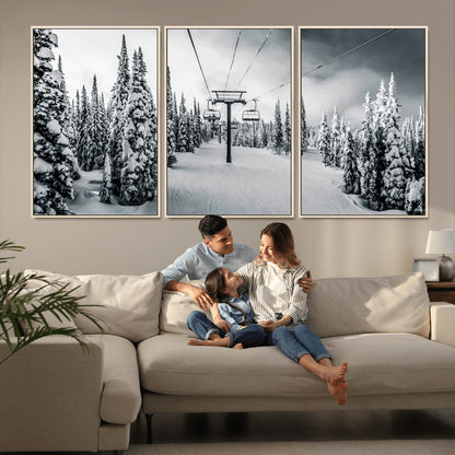 Canvas of a snowy ski lift scene through a forest of tall pine trees, ideal for moody winter or alpine-themed home decor.