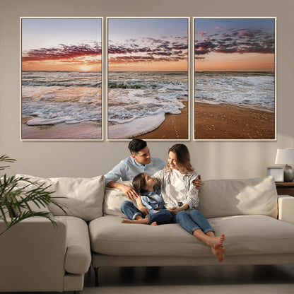 Canvas of a sunset over a foamy ocean shore with warm light and gentle waves, ideal for coastal or beach-themed home decor.