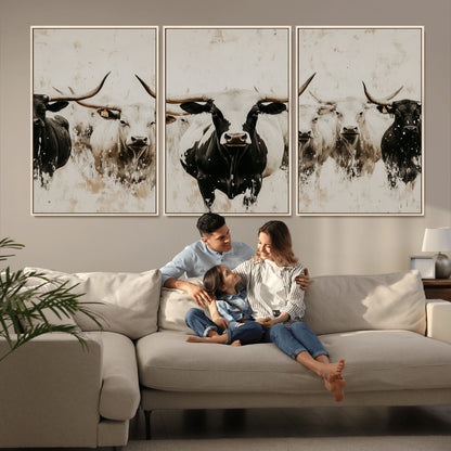 Illustrated herd of longhorn cattle in black and white tones with a neutral textured background, perfect for rustic or farmhouse-style decor.