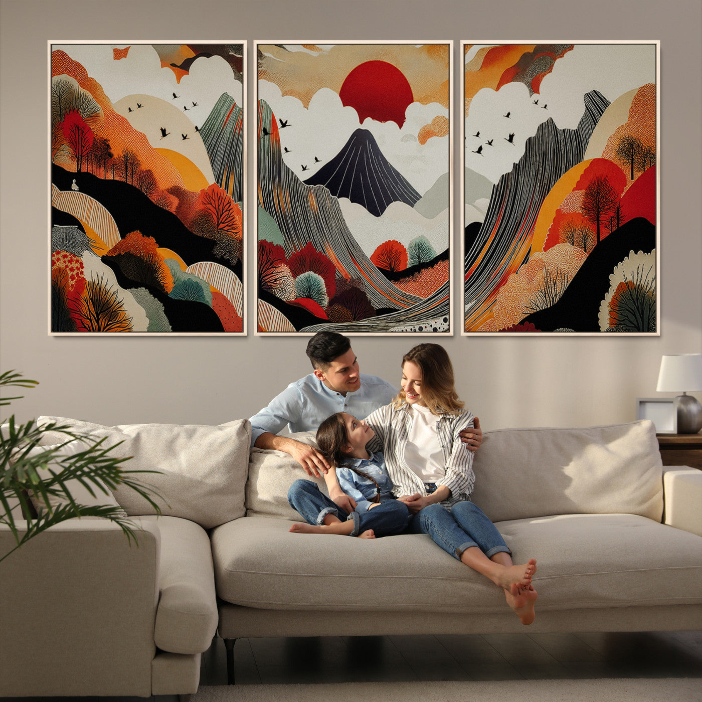 Abstract Mountain Wall Art Canvas Print, Vibrant Landscape Print, Framed Stylized Nature Drawing Art Print, Large Sunset Mountains Printing Perfect for Contemporary Minimalist Decor