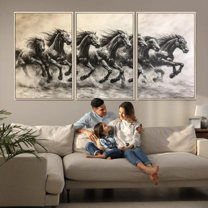 Monochrome drawing of a herd of galloping horses, perfect for dynamic and wild-themed decor in any equestrian or nature-inspired room.