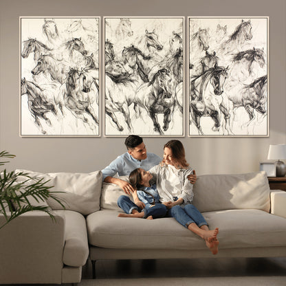 Monochrome ink sketch of galloping horses in dynamic motion, perfect for western or equine-themed wall decor with bold artistic energy.