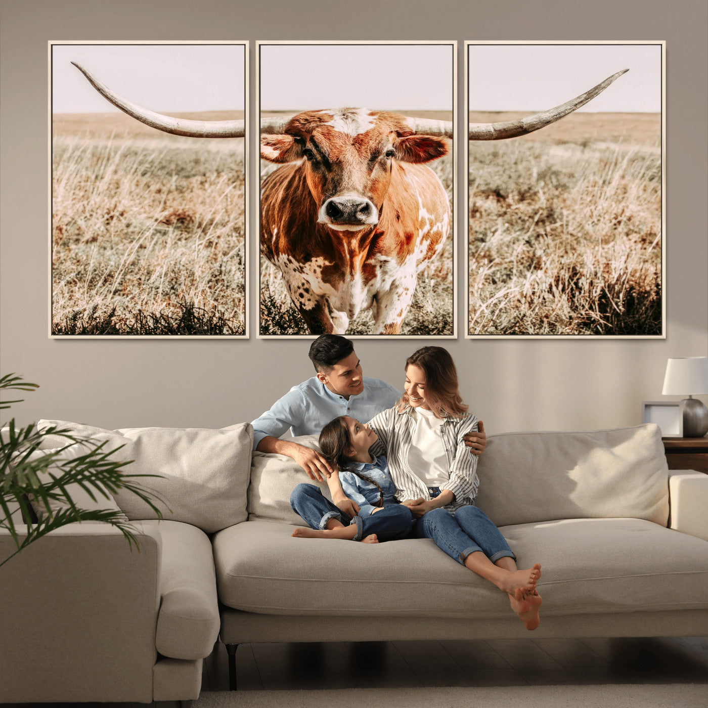 Framed longhorn cow canvas wall art with rustic prairie background, western animal print perfect for farmhouse or ranch style decor