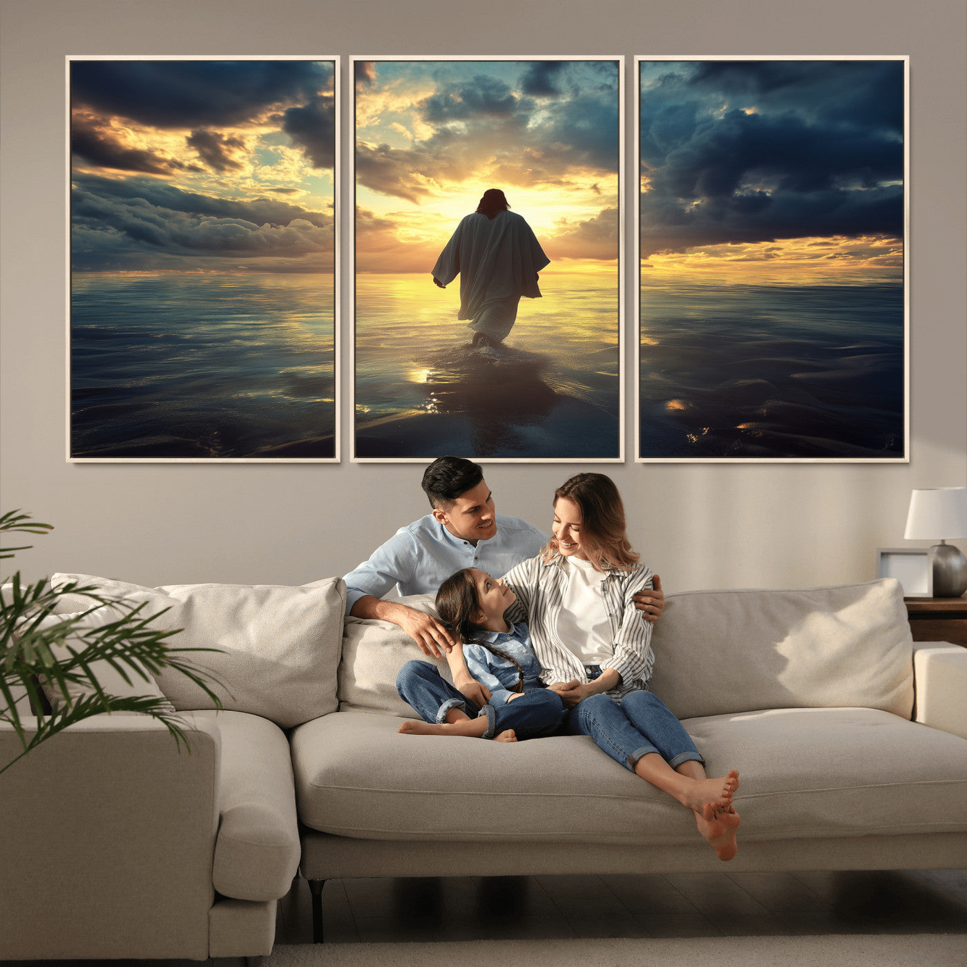 Spiritual artwork of Jesus walking on water at golden hour with divine light, ideal for Christian home decor or prayer room.