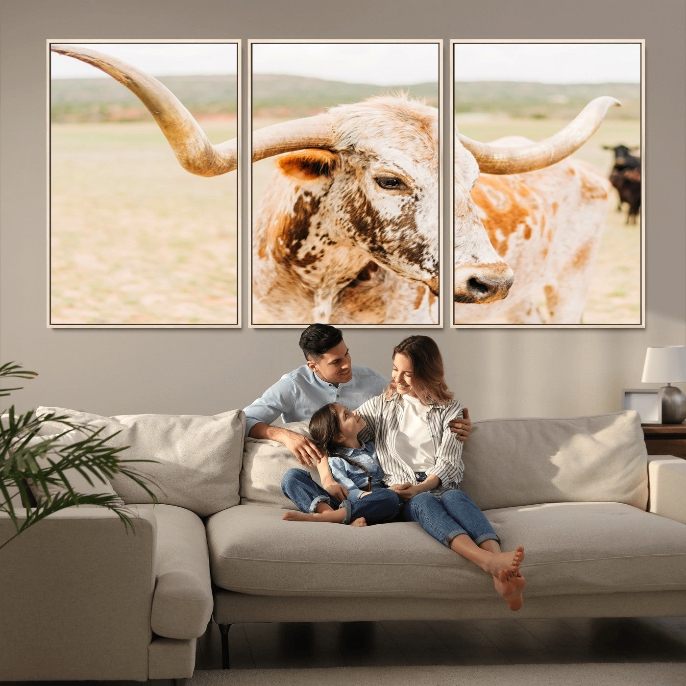 Close-up of a speckled Texas Longhorn in warm prairie tones, perfect for rustic western or countryside-themed room decor.
