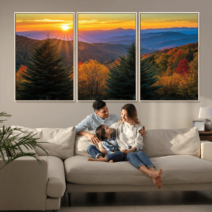 Vibrant sunset over autumn mountains with colorful trees and warm light, ideal for nature lovers or cabin-style wall decor.