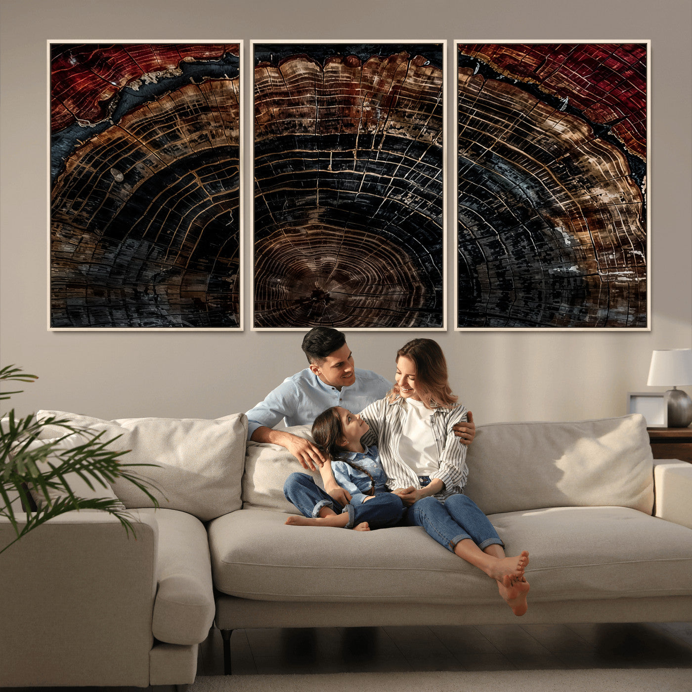 Dark Wood Wall Art Print - Petrified Tree Canvas Print, featuring an intricate tree ring pattern with deep earthy tones and organic textures, perfect for rustic and nature-inspired decor.