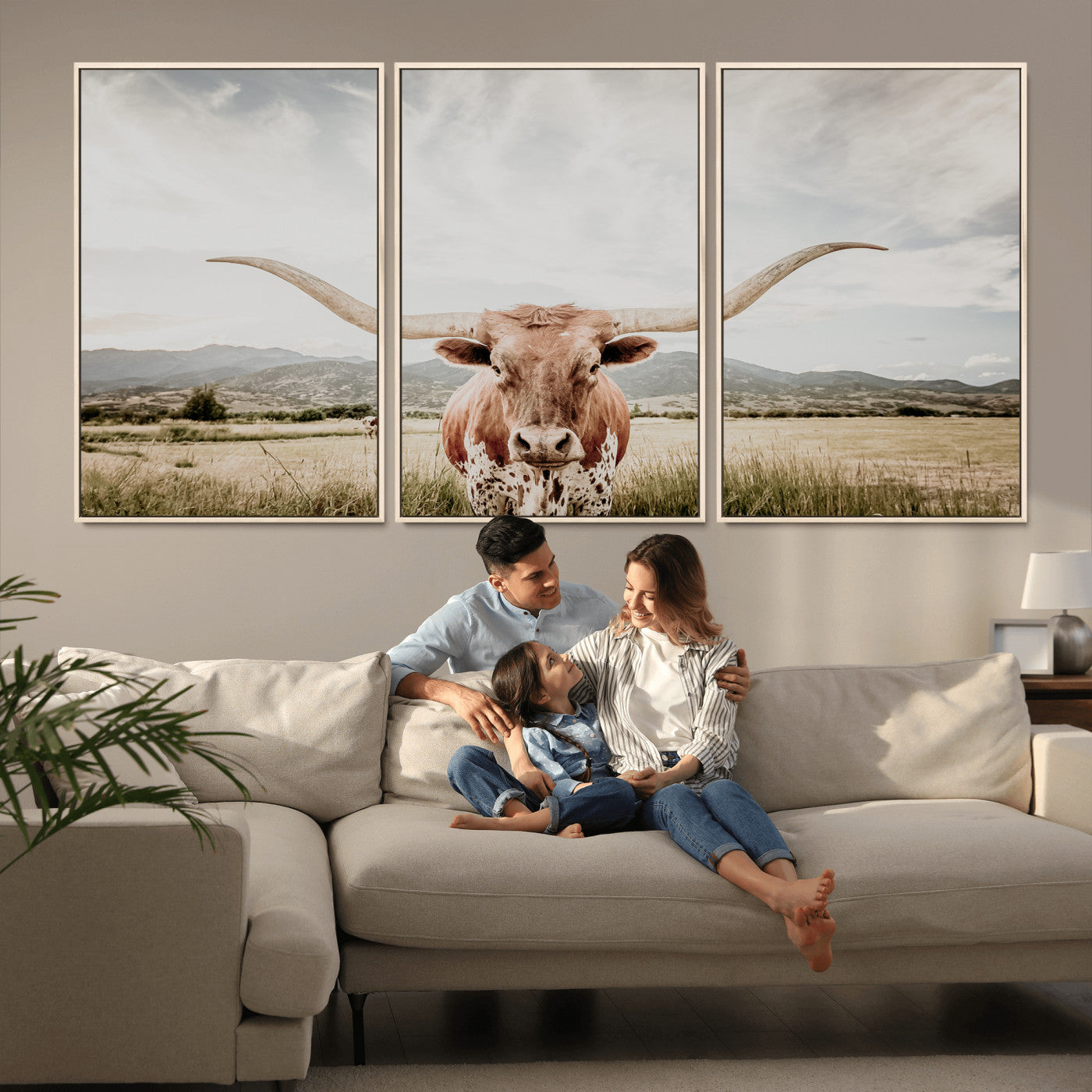 Longhorn Wall Art Print - Western Cow Canvas Print, featuring a majestic Texas longhorn in a rustic prairie setting, perfect for farmhouse and western decor.
