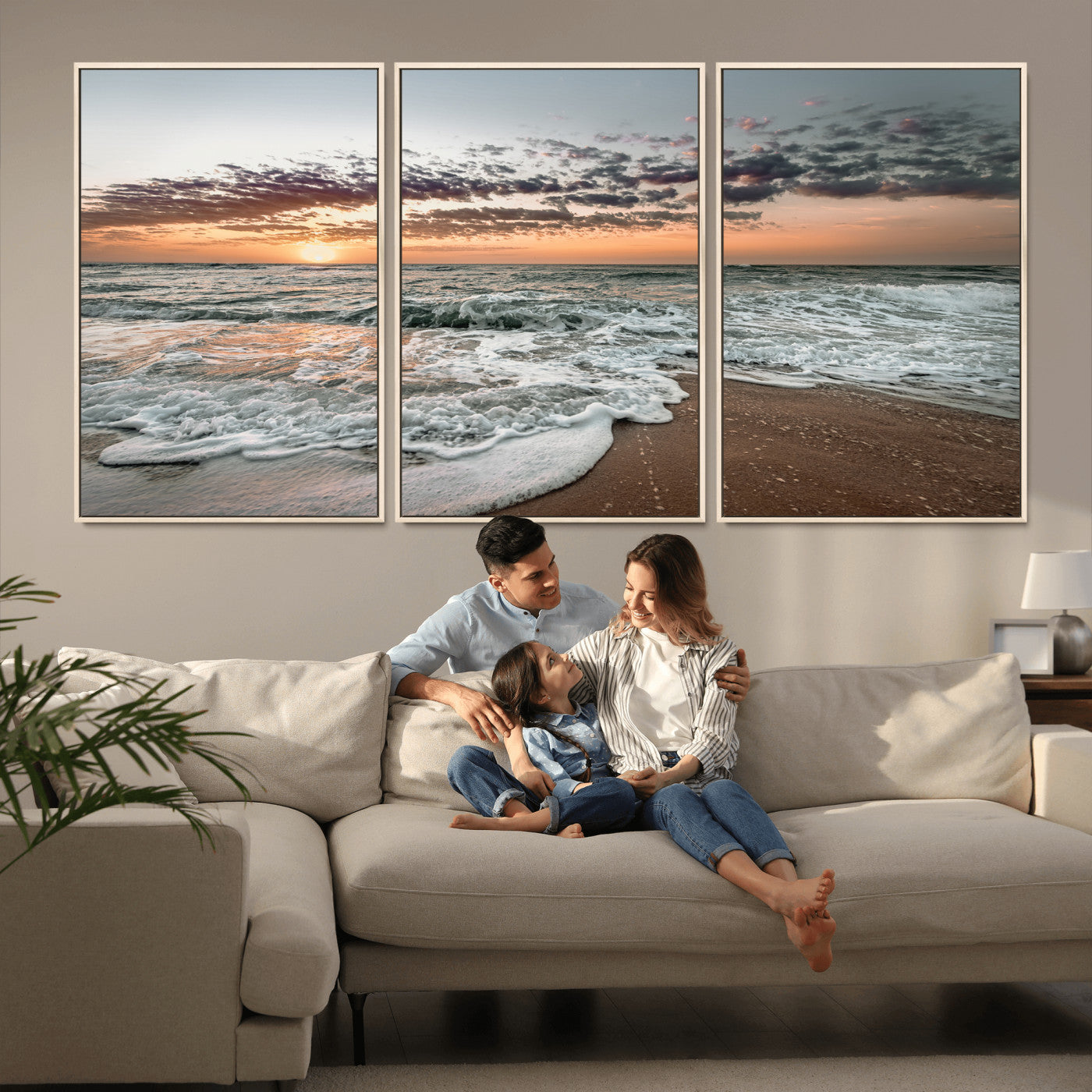Ocean Sunset Wall Art Print - Beach Waves Canvas Print, featuring a serene seascape with golden sunlight reflecting on gentle waves, perfect for coastal and minimalist decor.