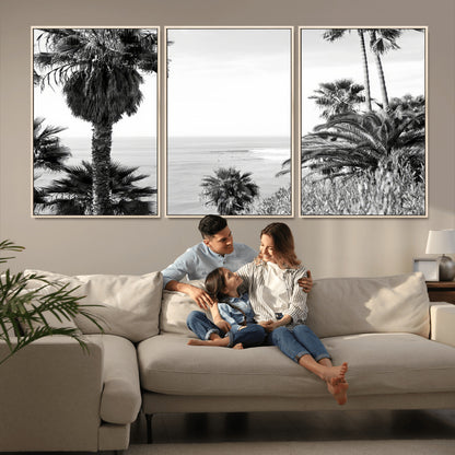 Monochrome canvas of palm trees framing a coastal surf scene, perfect for California-inspired or retro black-and-white beach decor.