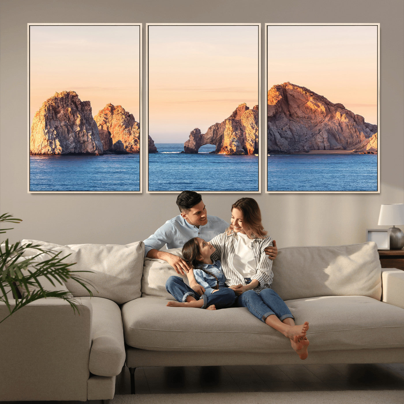 Framed canvas of El Arco rock formation in Cabo San Lucas at golden hour, ideal for coastal landmark or ocean-inspired decor.